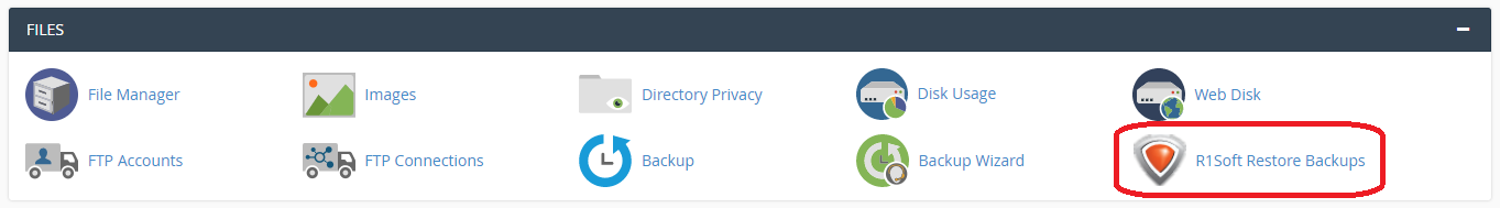 Files section of cPanel with R1Soft Restore Backups circled